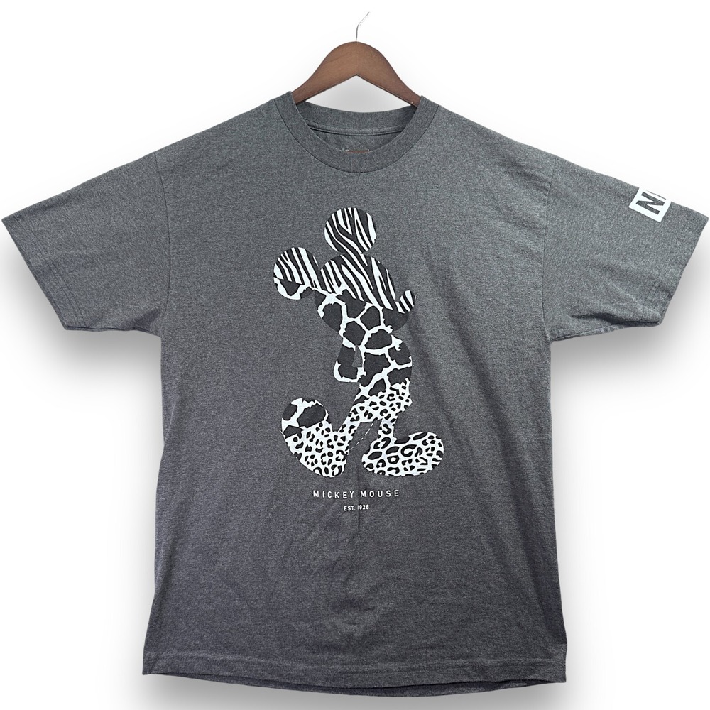 Disney Neff Mickey Mouse T-Shirt Mens Large Gray Animal Leopard Zebra Print Tee